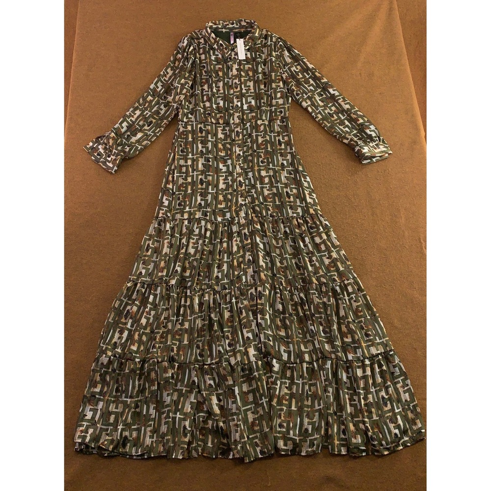 Love By Design Womens Large Green Geometric Tiered Maxi Shirt Dress NWT